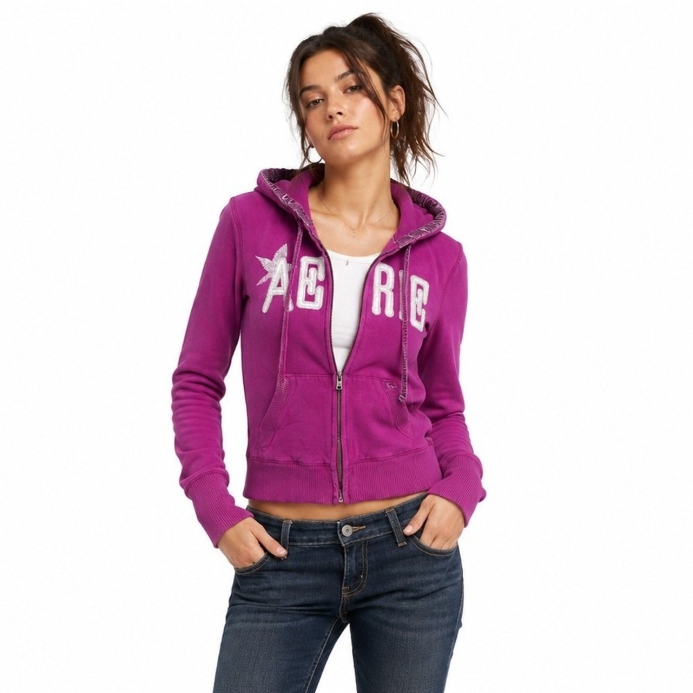 Aerie Y2K Hoodie S Pink Embroidered Logo Velvet Trim Zip Up Preppy Mallcore